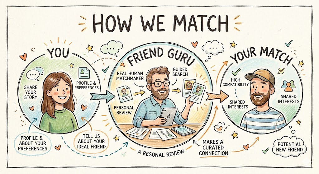 How we match: you share your story, a real human matchmaker reviews and pairs you, and you meet your curated match