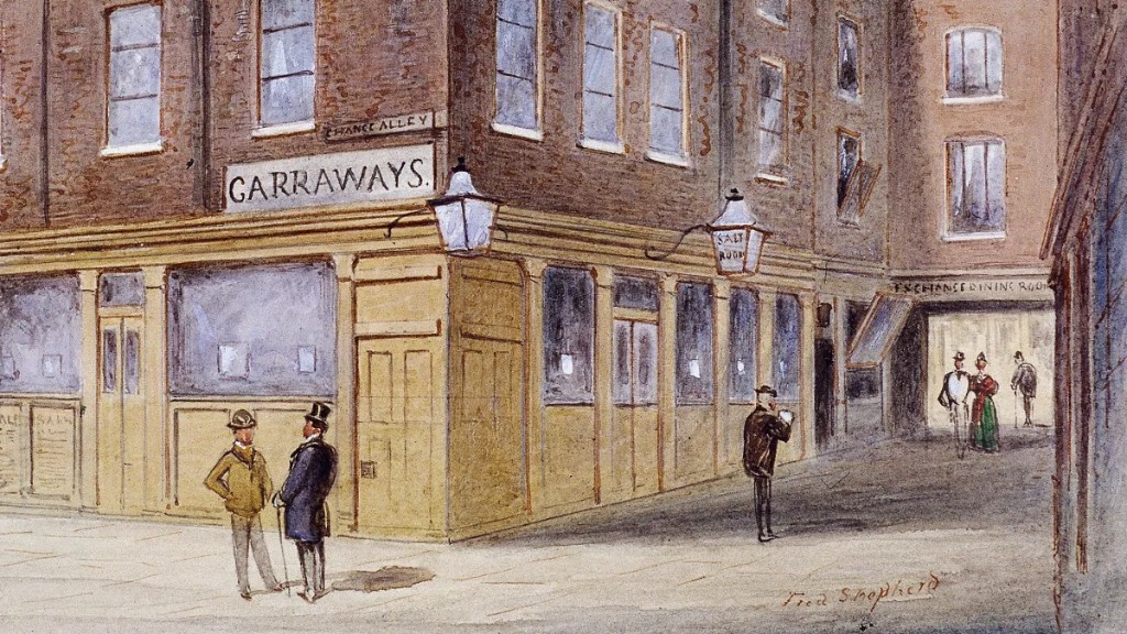 Historical illustration of Garraway's Coffee House in London, a penny university where strangers met over coffee